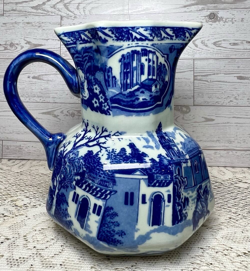 Vintage Victoria Ironstone Blue & White Scenic Transferware Bird Handle Pitcher